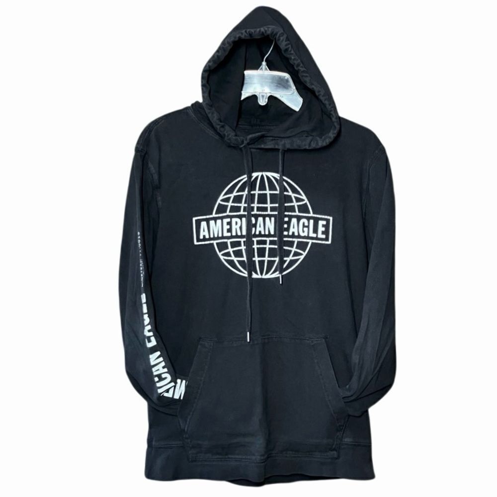 American Eagle Thrashed Standard Fit Jersey Weight Hoodie in Black/White Men’s S